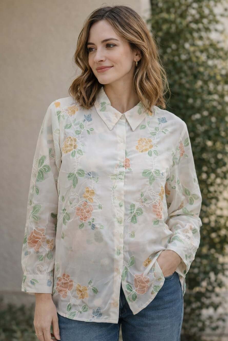 BonWorth Vintage White Sheer Floral Pastel Embroidered Button Down Blouse Large